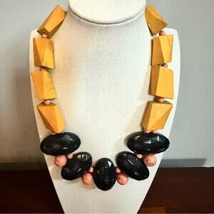 Anthropologie x David Aubrey Chunky Black Mustard Statement Necklace Beaded